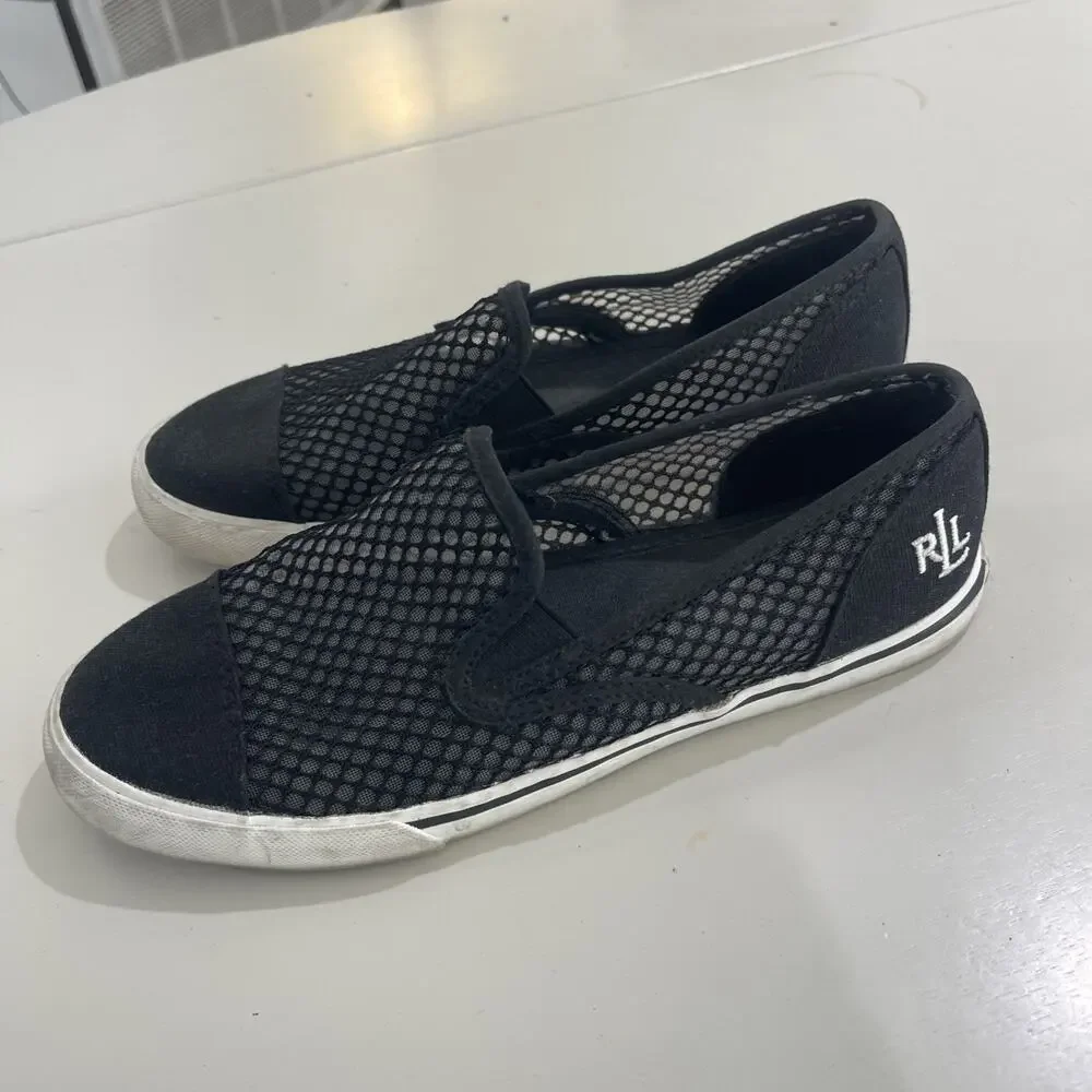 Lauren Ralph Lauren Janis Women Sz 7 Slip on Sneakers Black Mesh Preppy Sailing